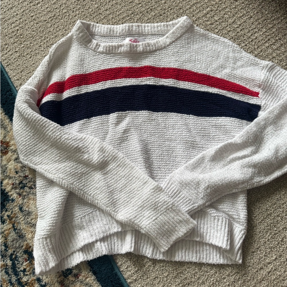 Cozy White Sweater with Red and Blue Stripes